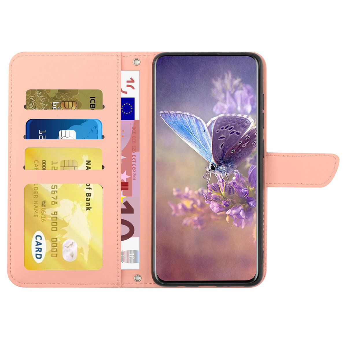 HT03 Phone Case for Xiaomi 13 Ultra PU Leather Butterfly Flowers Imprinted Stand Wallet Cover with Shoulder Strap