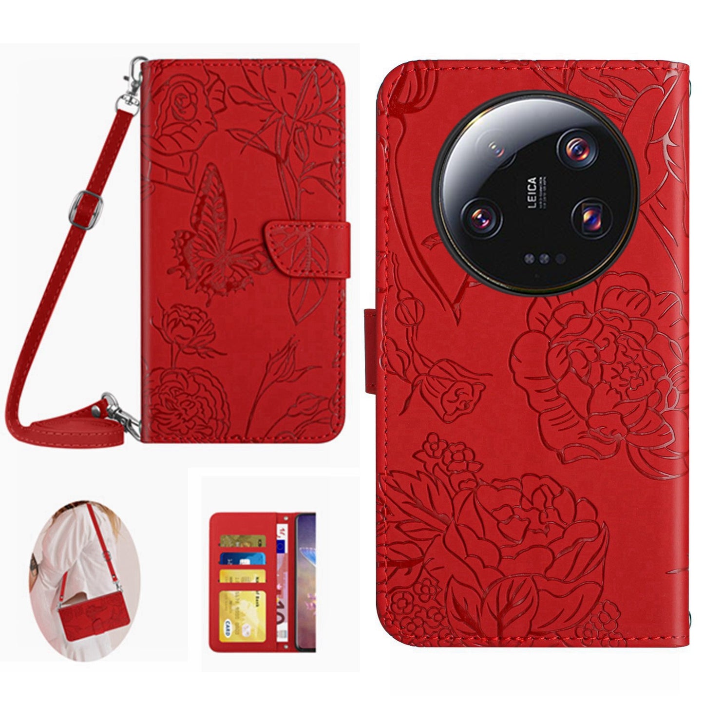 HT03 Phone Case for Xiaomi 13 Ultra PU Leather Butterfly Flowers Imprinted Stand Wallet Cover with Shoulder Strap