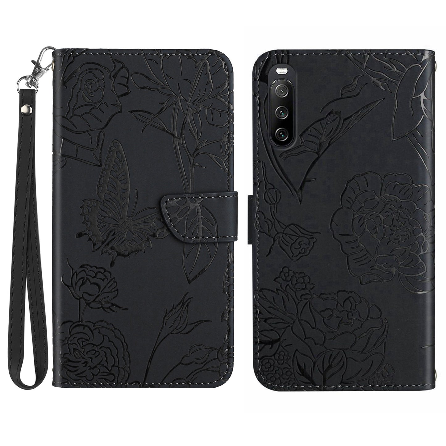 HT03 PU Leather Flip Phone Case for Sony Xperia 10 V Stand Wallet Butterfly Flowers Imprinted Cover with Strap