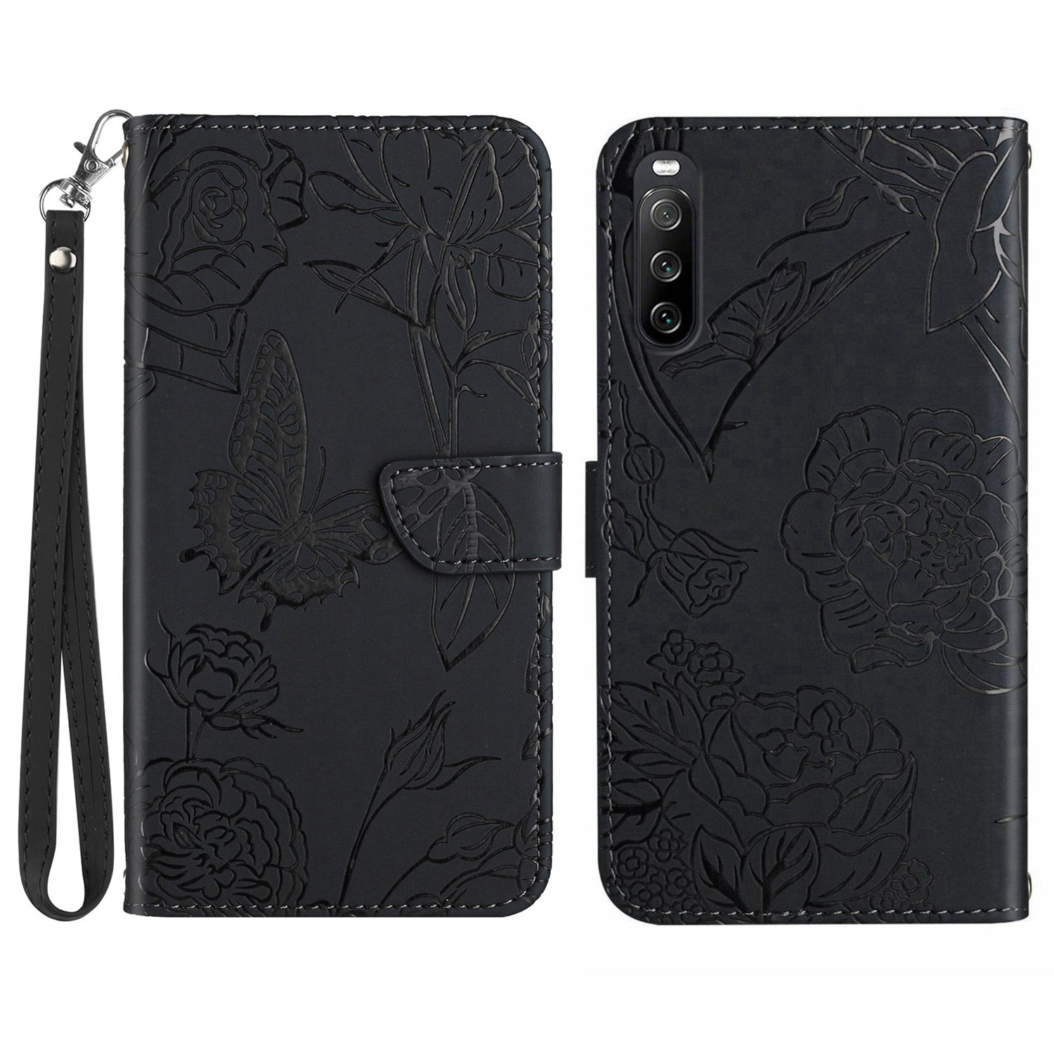 HT03 PU Leather Flip Phone Case for Sony Xperia 10 V Stand Wallet Butterfly Flowers Imprinted Cover with Strap