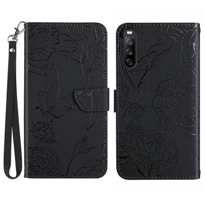 HT03 PU Leather Flip Phone Case for Sony Xperia 10 V Stand Wallet Butterfly Flowers Imprinted Cover with Strap