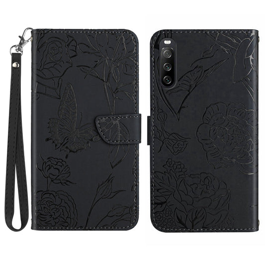 HT03 PU Leather Flip Phone Case for Sony Xperia 10 V Stand Wallet Butterfly Flowers Imprinted Cover with Strap