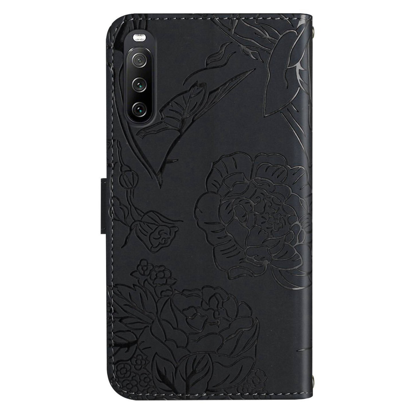 HT03 PU Leather Flip Phone Case for Sony Xperia 10 V Stand Wallet Butterfly Flowers Imprinted Cover with Strap