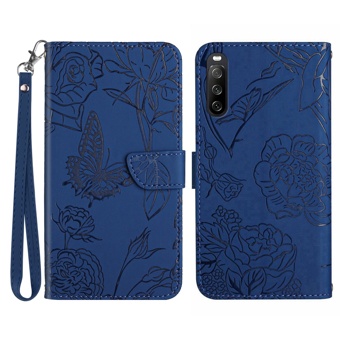 HT03 PU Leather Flip Phone Case for Sony Xperia 10 V Stand Wallet Butterfly Flowers Imprinted Cover with Strap