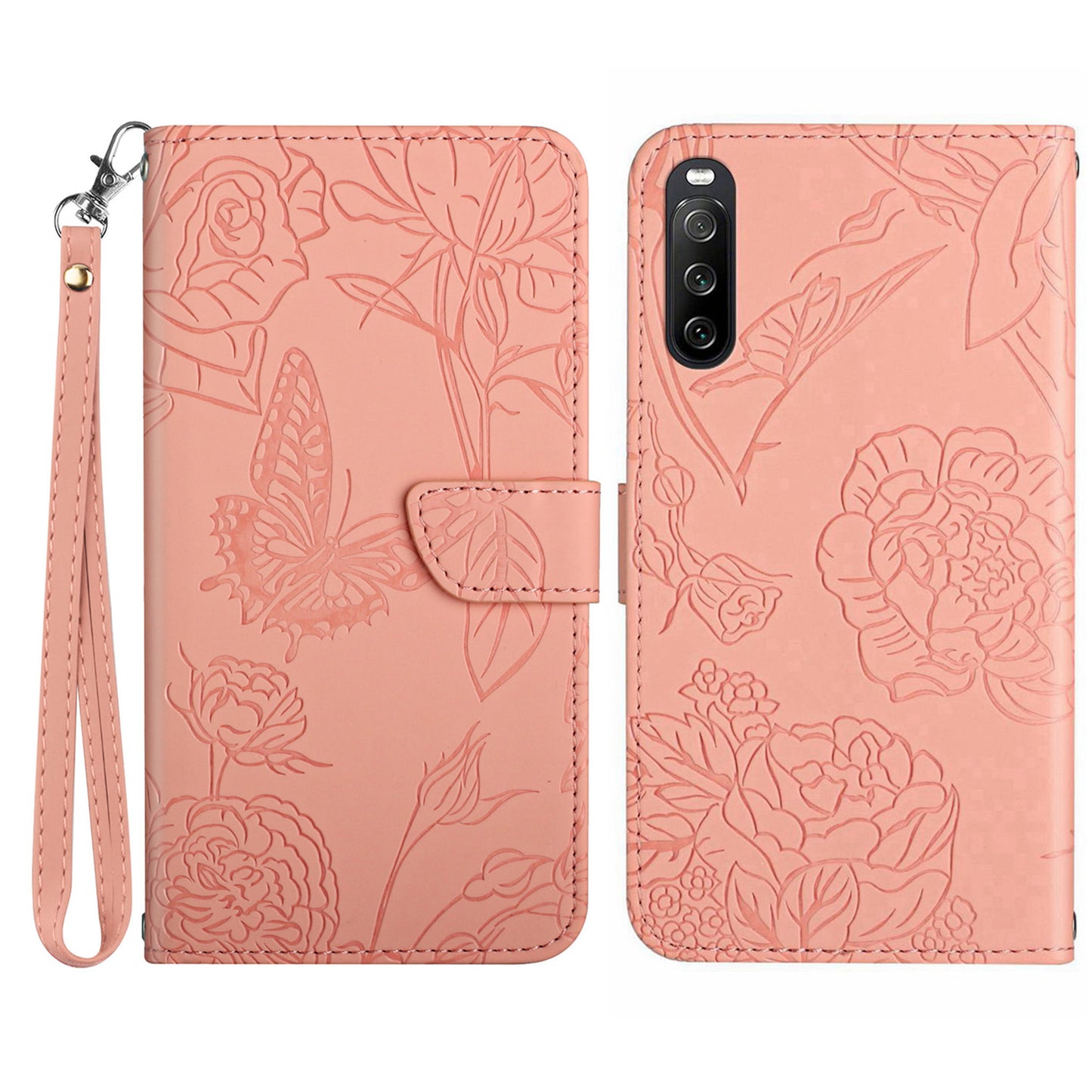 HT03 PU Leather Flip Phone Case for Sony Xperia 10 V Stand Wallet Butterfly Flowers Imprinted Cover with Strap