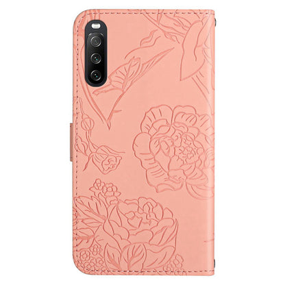 HT03 PU Leather Flip Phone Case for Sony Xperia 10 V Stand Wallet Butterfly Flowers Imprinted Cover with Strap