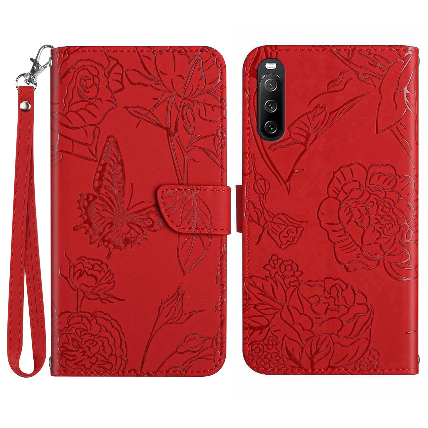 HT03 PU Leather Flip Phone Case for Sony Xperia 10 V Stand Wallet Butterfly Flowers Imprinted Cover with Strap