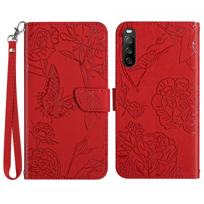 HT03 PU Leather Flip Phone Case for Sony Xperia 10 V Stand Wallet Butterfly Flowers Imprinted Cover with Strap