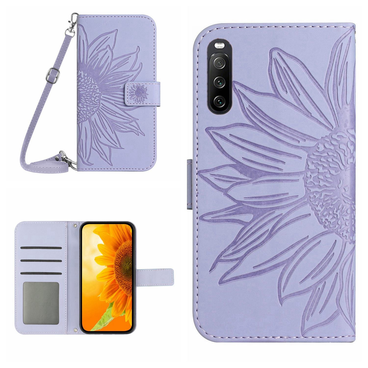 HT04 PU Leather Case for Sony Xperia 10 V , Sunflower Pattern Wallet Stand Phone Cover with Shoulder Strap