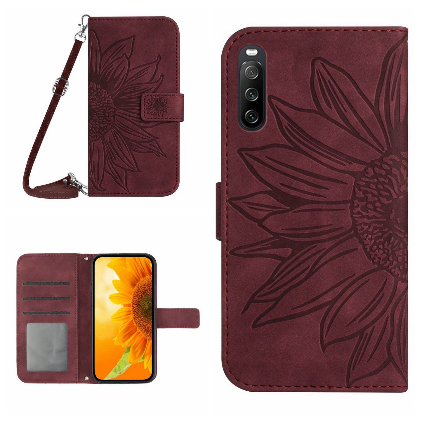 HT04 PU Leather Case for Sony Xperia 10 V , Sunflower Pattern Wallet Stand Phone Cover with Shoulder Strap