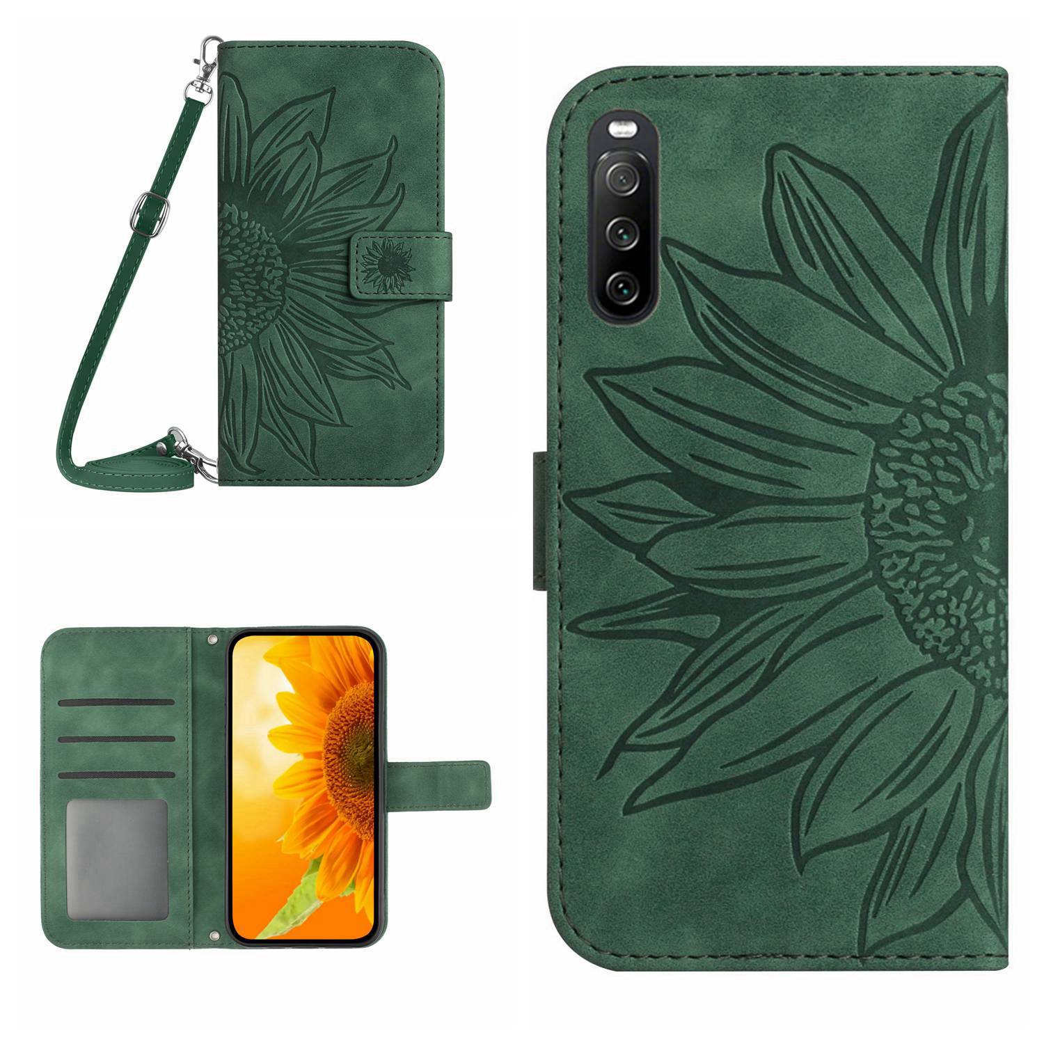 HT04 PU Leather Case for Sony Xperia 10 V , Sunflower Pattern Wallet Stand Phone Cover with Shoulder Strap