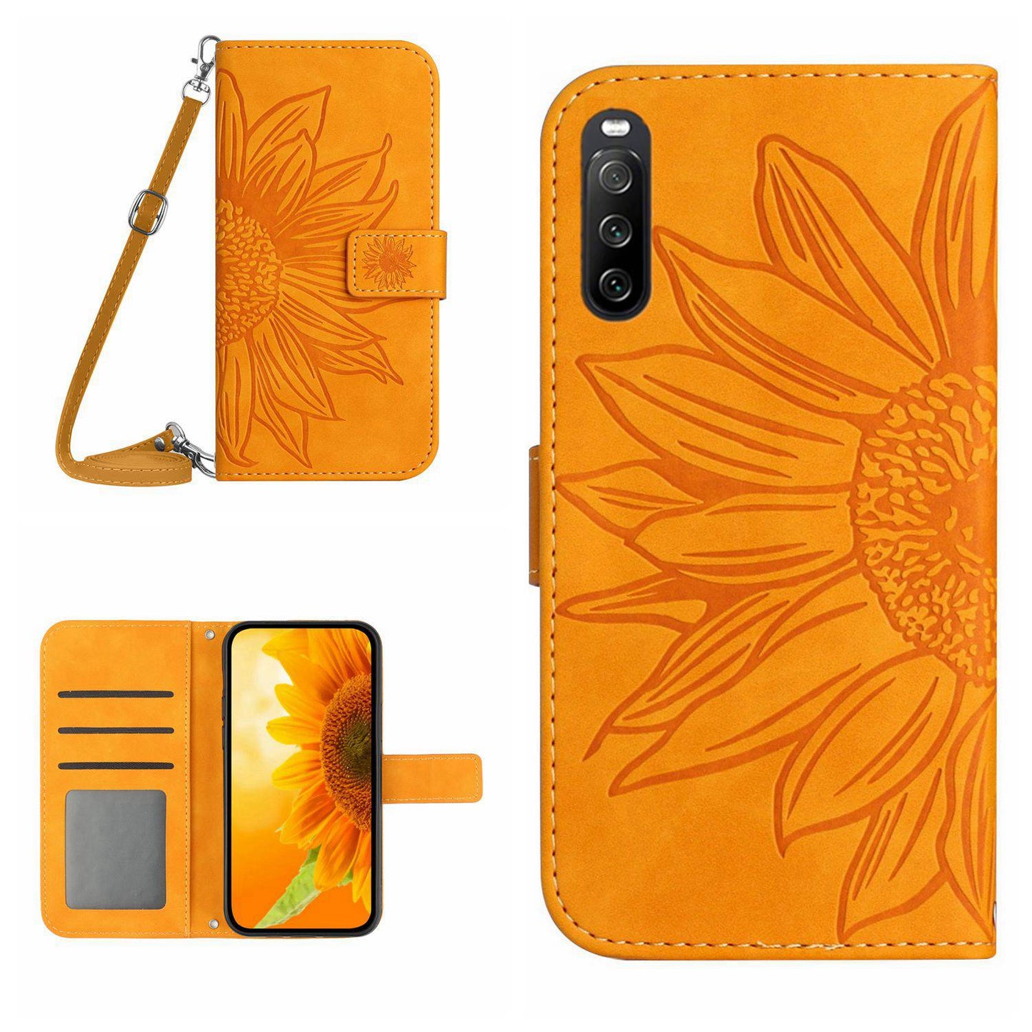 HT04 PU Leather Case for Sony Xperia 10 V , Sunflower Pattern Wallet Stand Phone Cover with Shoulder Strap
