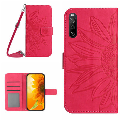 HT04 PU Leather Case for Sony Xperia 10 V , Sunflower Pattern Wallet Stand Phone Cover with Shoulder Strap