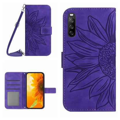 HT04 PU Leather Case for Sony Xperia 10 V , Sunflower Pattern Wallet Stand Phone Cover with Shoulder Strap