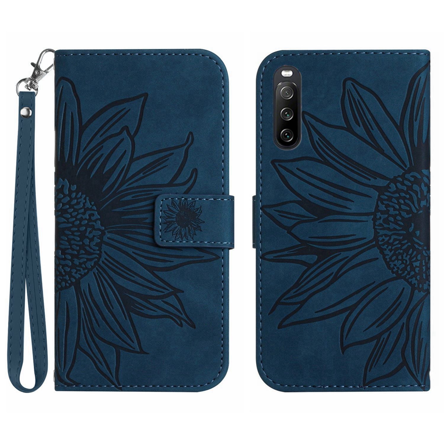 HT04 For Sony Xperia 10 V Sunflower Imprinted Phone Cover Leather Stand Wallet Case with Hand Strap