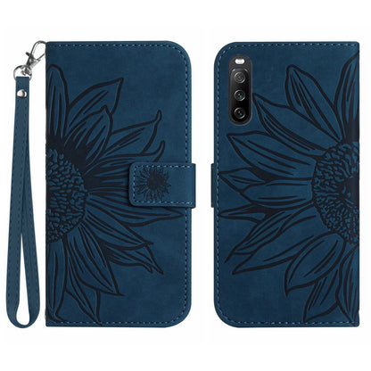 HT04 For Sony Xperia 10 V Sunflower Imprinted Phone Cover Leather Stand Wallet Case with Hand Strap