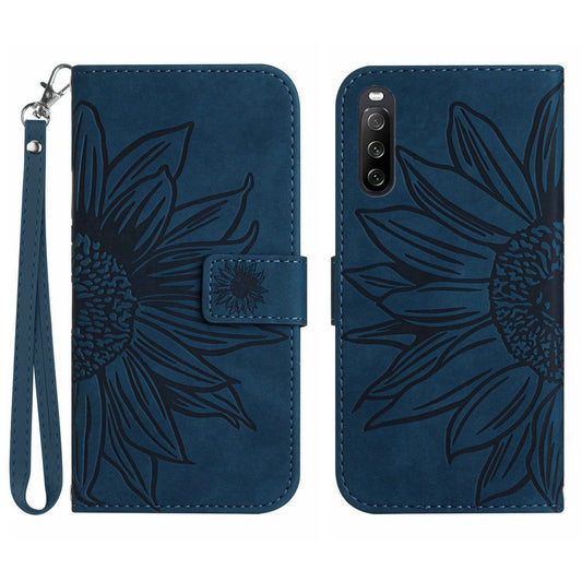 HT04 For Sony Xperia 10 V Sunflower Imprinted Phone Cover Leather Stand Wallet Case with Hand Strap