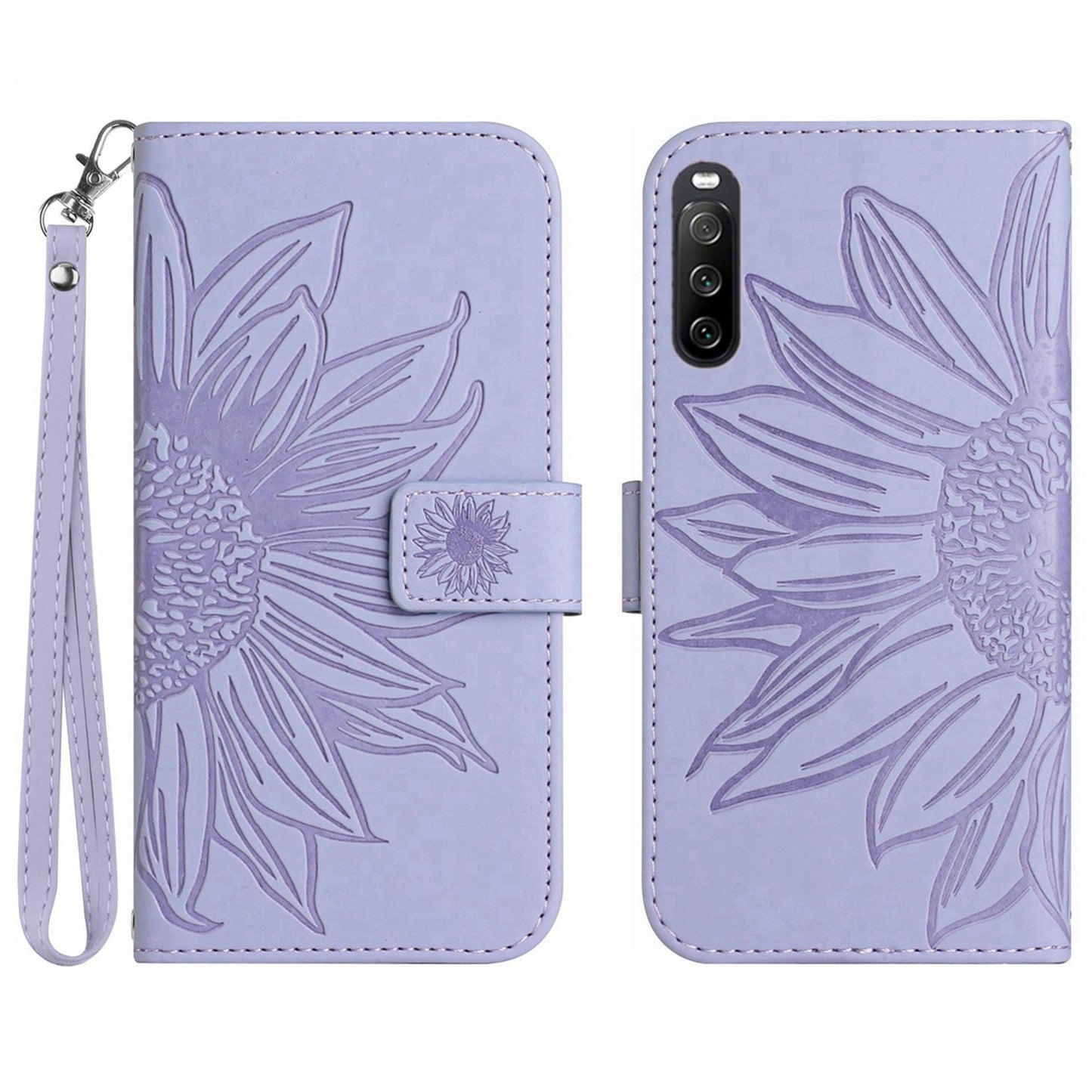 HT04 For Sony Xperia 10 V Sunflower Imprinted Phone Cover Leather Stand Wallet Case with Hand Strap