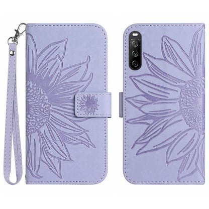 HT04 For Sony Xperia 10 V Sunflower Imprinted Phone Cover Leather Stand Wallet Case with Hand Strap