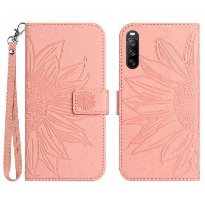 HT04 For Sony Xperia 10 V Sunflower Imprinted Phone Cover Leather Stand Wallet Case with Hand Strap
