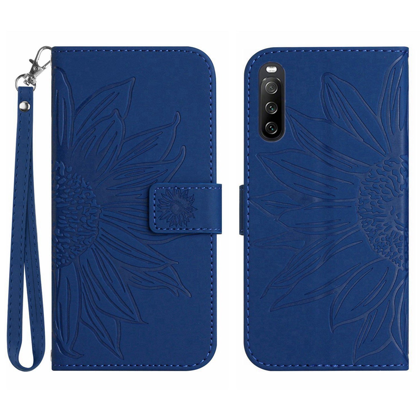 HT04 For Sony Xperia 10 V Sunflower Imprinted Phone Cover Leather Stand Wallet Case with Hand Strap