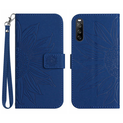 HT04 For Sony Xperia 10 V Sunflower Imprinted Phone Cover Leather Stand Wallet Case with Hand Strap