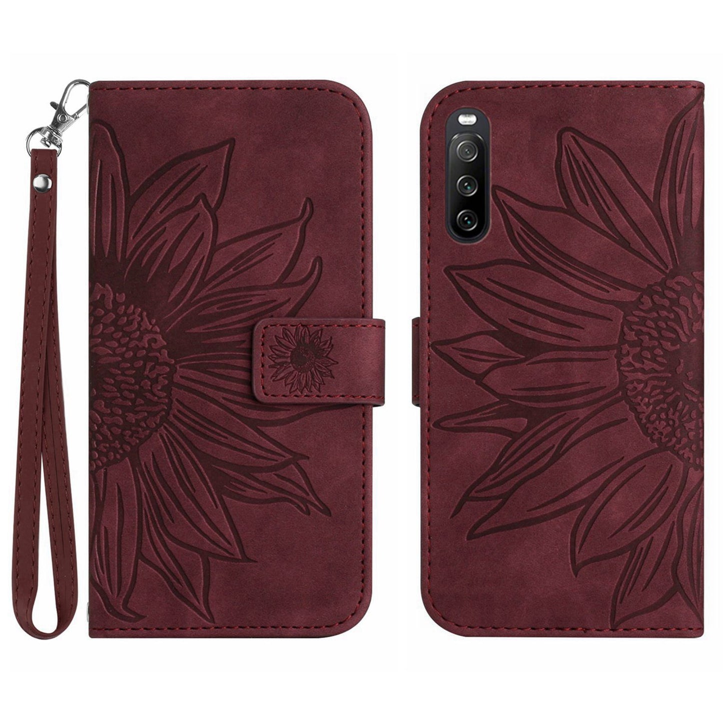 HT04 For Sony Xperia 10 V Sunflower Imprinted Phone Cover Leather Stand Wallet Case with Hand Strap