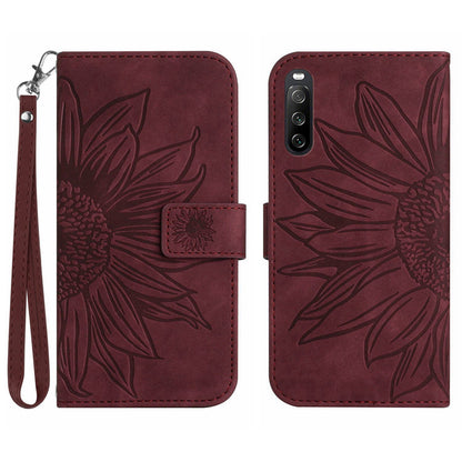 HT04 For Sony Xperia 10 V Sunflower Imprinted Phone Cover Leather Stand Wallet Case with Hand Strap