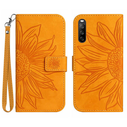 HT04 For Sony Xperia 10 V Sunflower Imprinted Phone Cover Leather Stand Wallet Case with Hand Strap