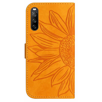 HT04 For Sony Xperia 10 V Sunflower Imprinted Phone Cover Leather Stand Wallet Case with Hand Strap