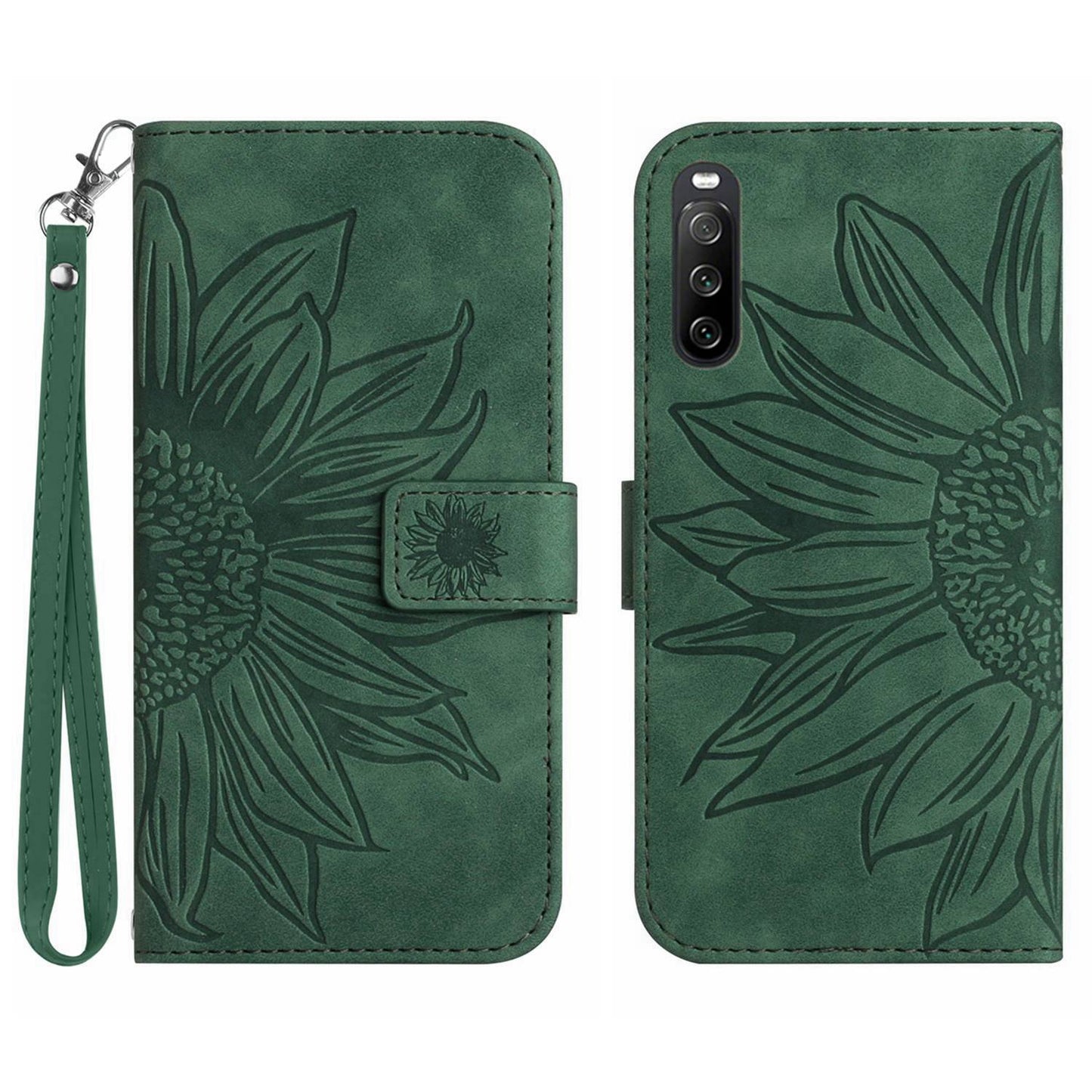 HT04 For Sony Xperia 10 V Sunflower Imprinted Phone Cover Leather Stand Wallet Case with Hand Strap