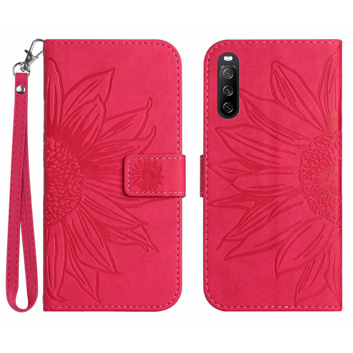 HT04 For Sony Xperia 10 V Sunflower Imprinted Phone Cover Leather Stand Wallet Case with Hand Strap