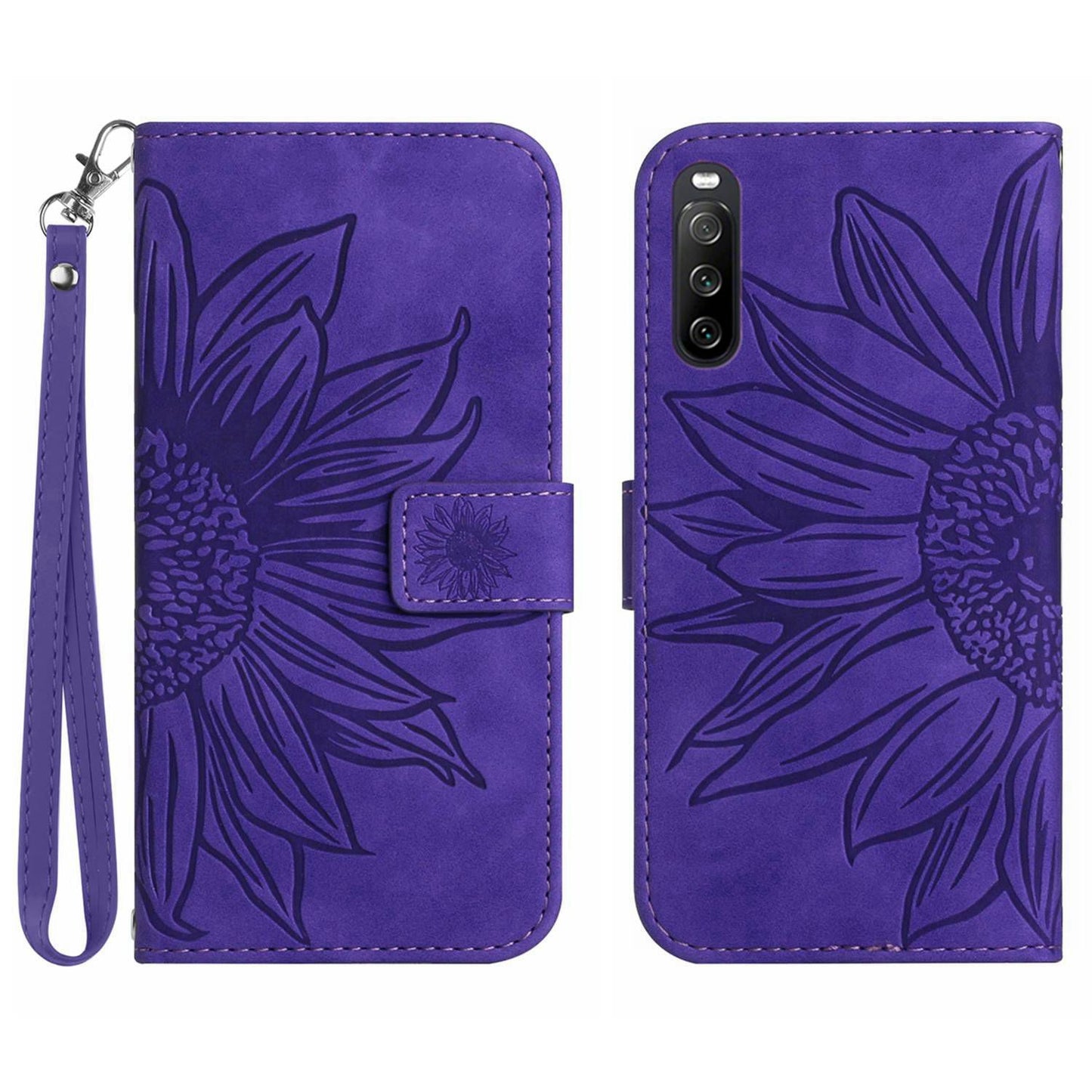 HT04 For Sony Xperia 10 V Sunflower Imprinted Phone Cover Leather Stand Wallet Case with Hand Strap