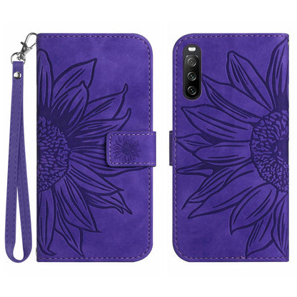 HT04 For Sony Xperia 10 V Sunflower Imprinted Phone Cover Leather Stand Wallet Case with Hand Strap