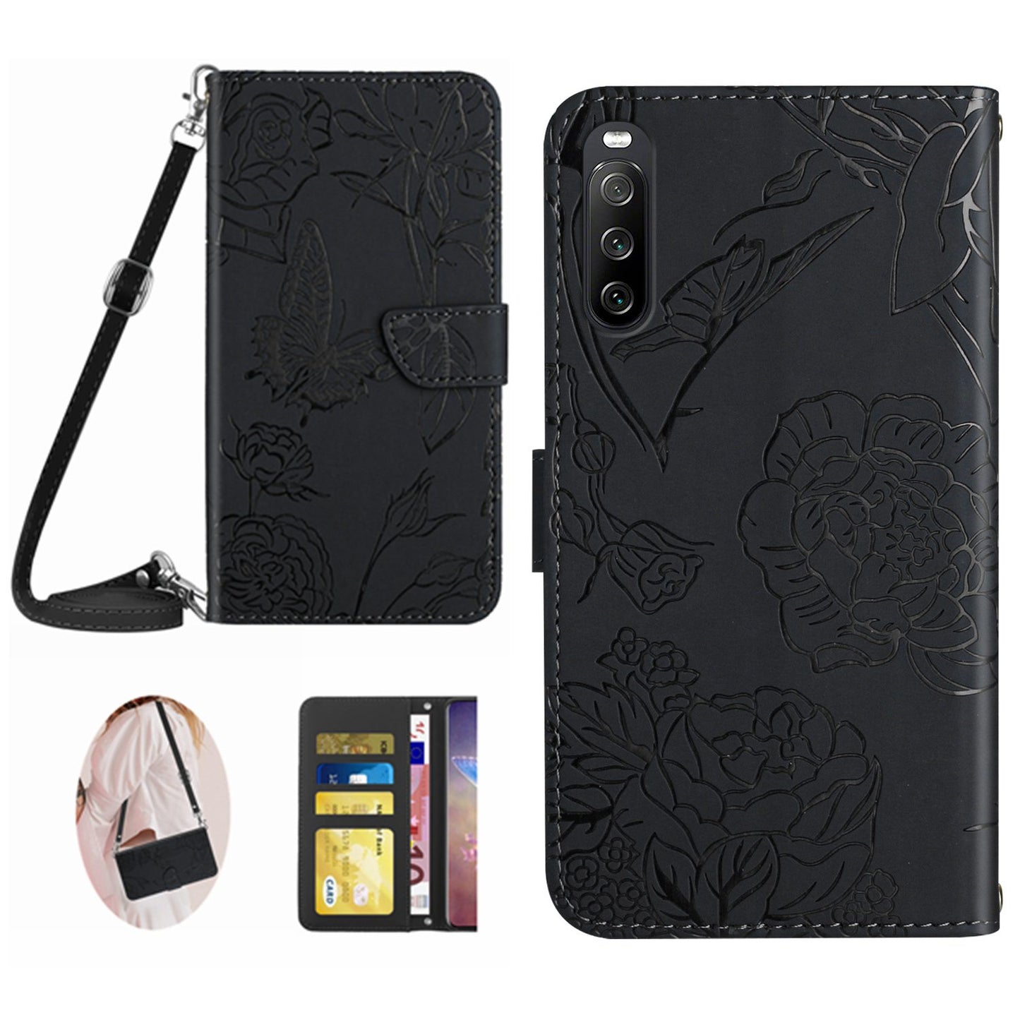 HT03 For Sony Xperia 10 V Skin-touch Leather Phone Case Imprinted Stand Wallet Cover with Shoulder Strap