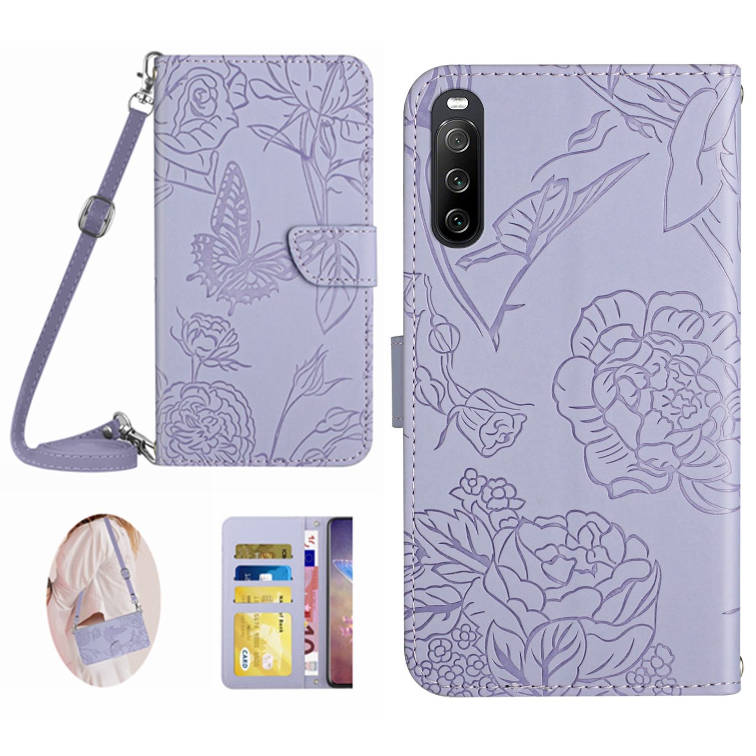 HT03 For Sony Xperia 10 V Skin-touch Leather Phone Case Imprinted Stand Wallet Cover with Shoulder Strap