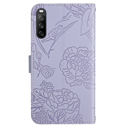 HT03 For Sony Xperia 10 V Skin-touch Leather Phone Case Imprinted Stand Wallet Cover with Shoulder Strap