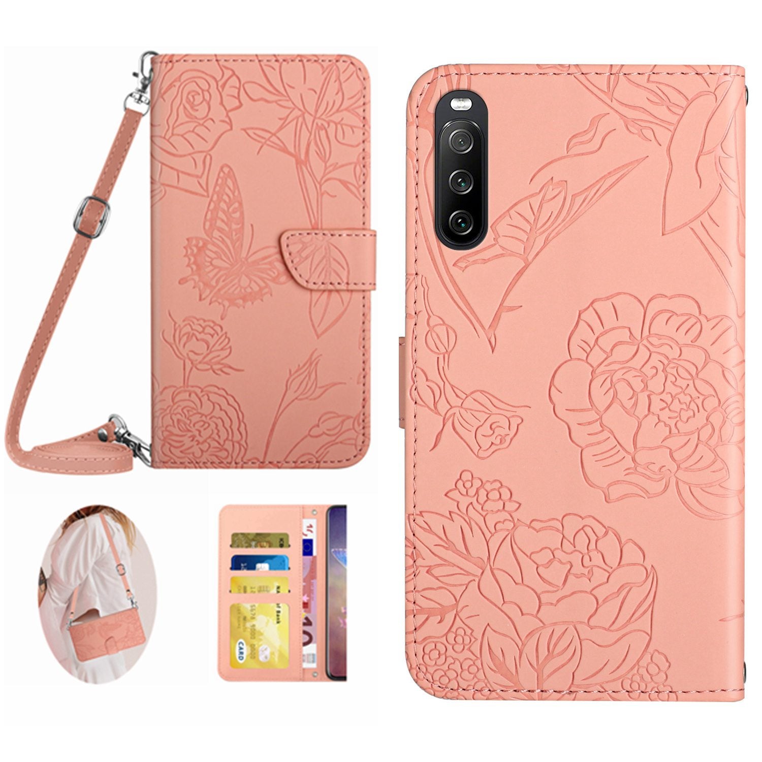 HT03 For Sony Xperia 10 V Skin-touch Leather Phone Case Imprinted Stand Wallet Cover with Shoulder Strap