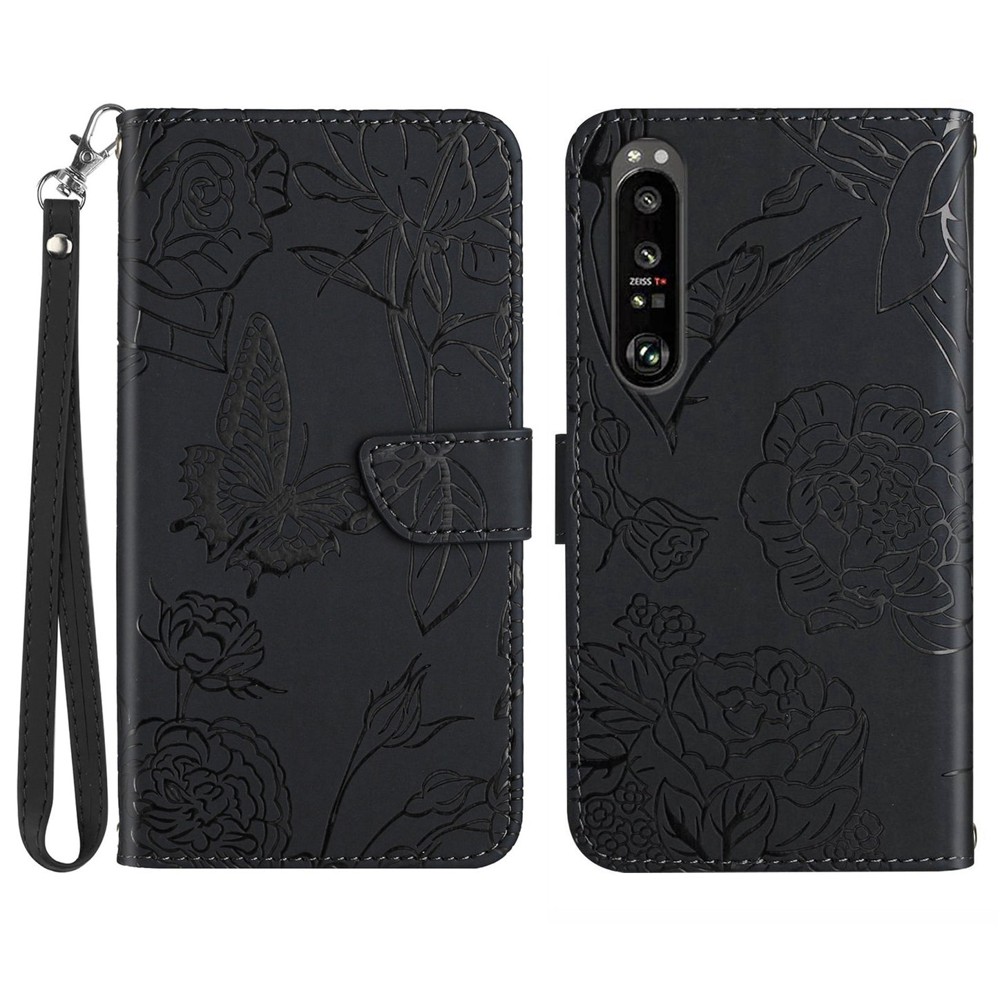 HT03 For Sony Xperia 1 V Skin-touch PU Leather Flip Phone Case Stand Wallet Imprinted Pattern Shell with Strap