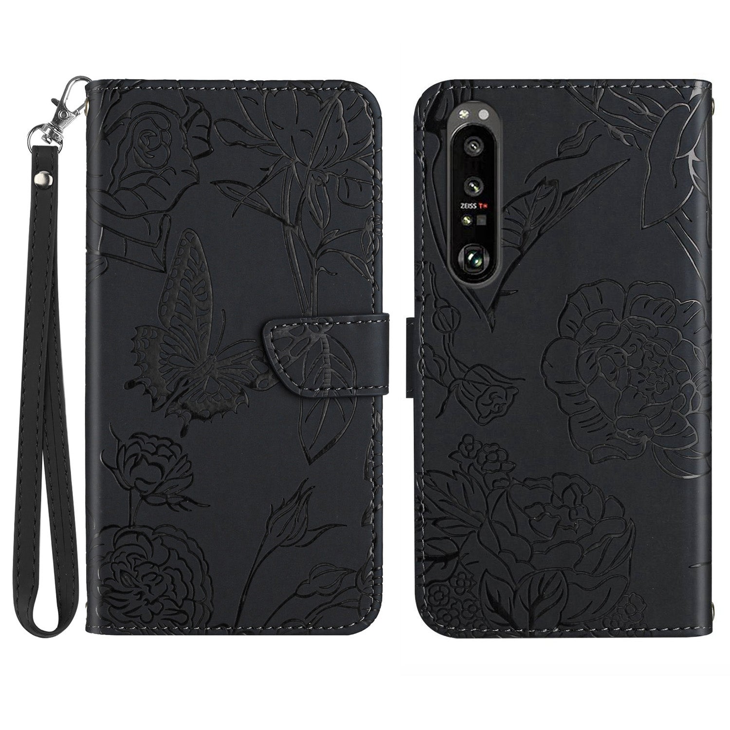 HT03 For Sony Xperia 1 V Skin-touch PU Leather Flip Phone Case Stand Wallet Imprinted Pattern Shell with Strap