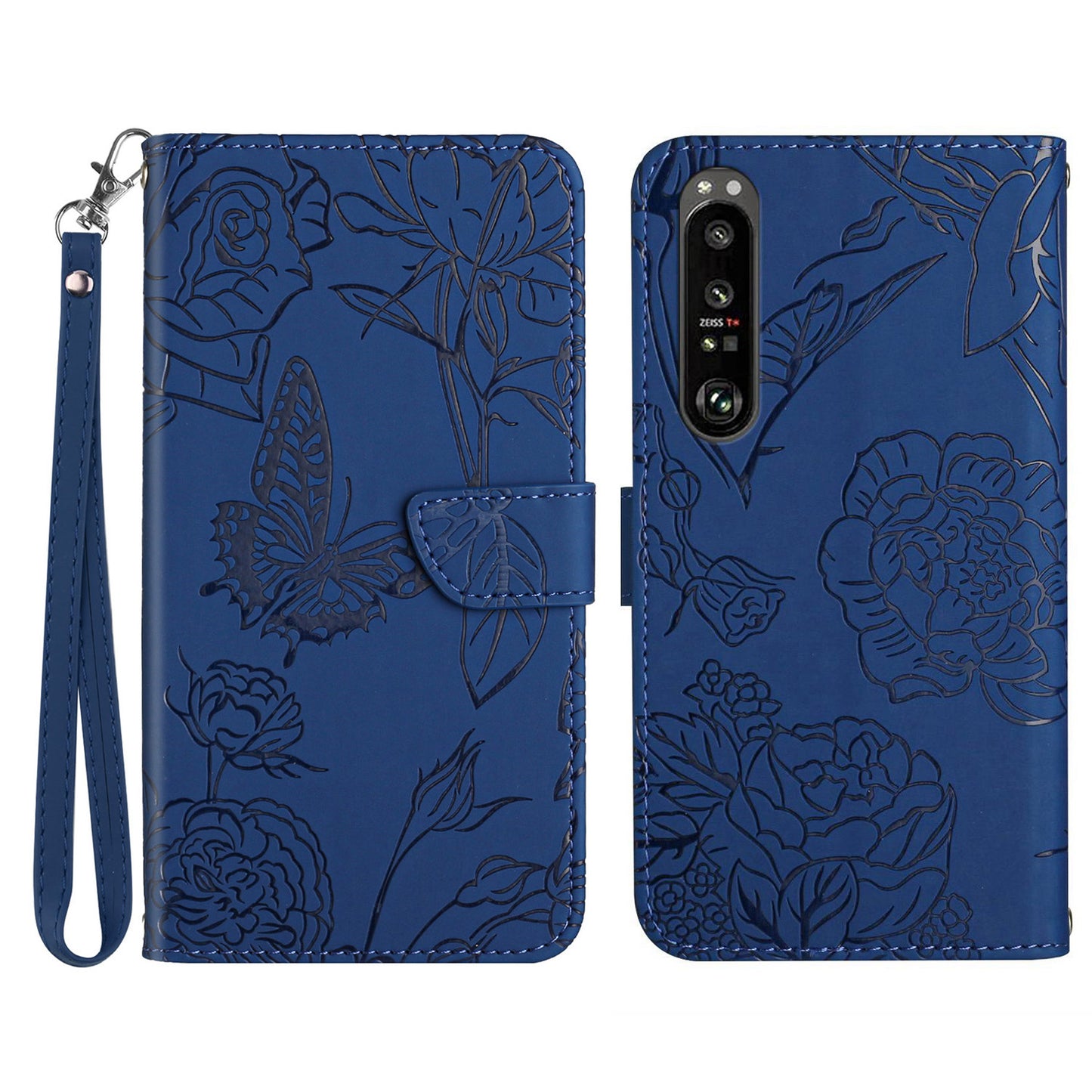 HT03 For Sony Xperia 1 V Skin-touch PU Leather Flip Phone Case Stand Wallet Imprinted Pattern Shell with Strap