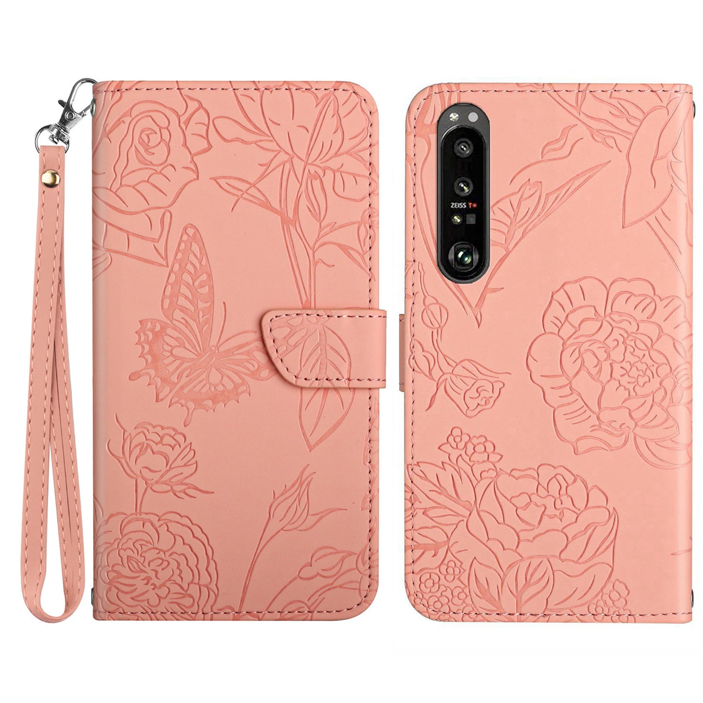 HT03 For Sony Xperia 1 V Skin-touch PU Leather Flip Phone Case Stand Wallet Imprinted Pattern Shell with Strap