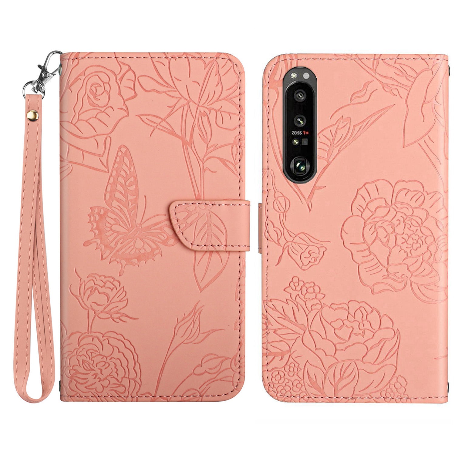 HT03 For Sony Xperia 1 V Skin-touch PU Leather Flip Phone Case Stand Wallet Imprinted Pattern Shell with Strap