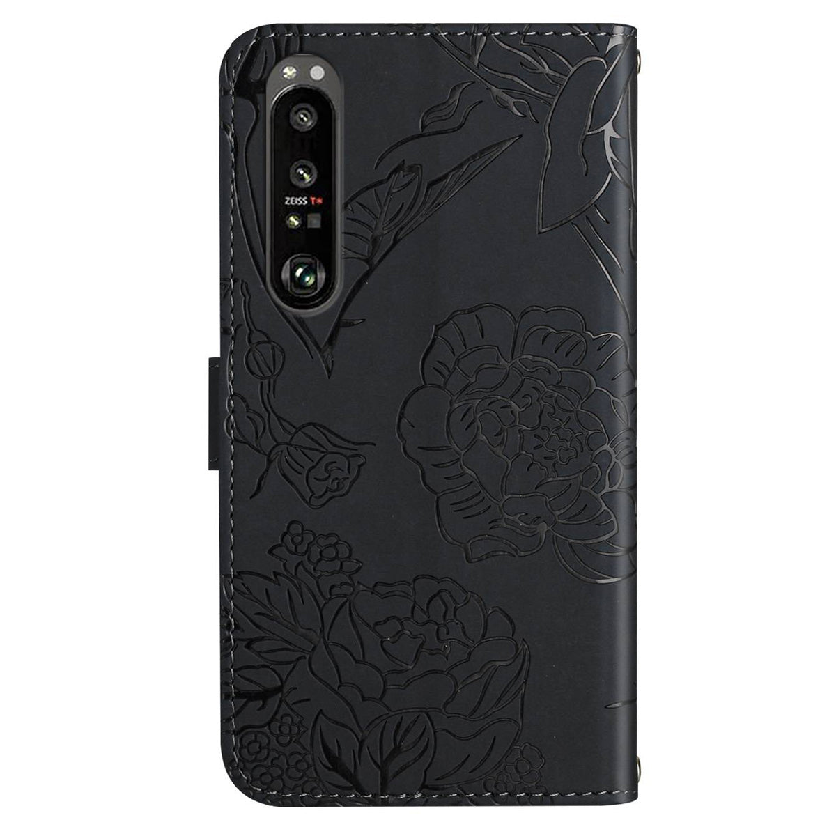 HT03 Phone Case for Sony Xperia 1 V Stand Wallet PU Leather Butterfly Flowers Imprinted Cover with Shoulder Strap