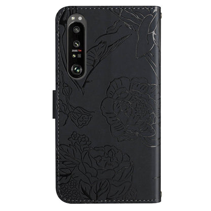HT03 Phone Case for Sony Xperia 1 V Stand Wallet PU Leather Butterfly Flowers Imprinted Cover with Shoulder Strap