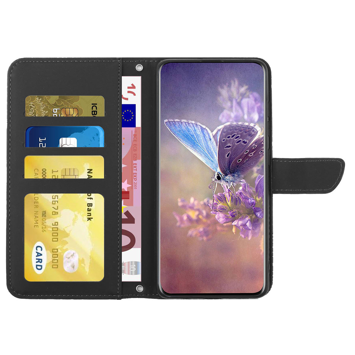HT03 Phone Case for Sony Xperia 1 V Stand Wallet PU Leather Butterfly Flowers Imprinted Cover with Shoulder Strap