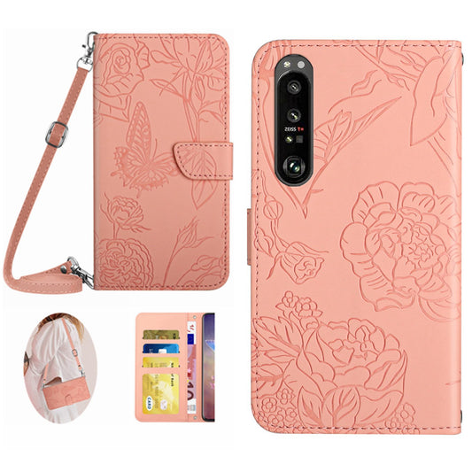 HT03 Phone Case for Sony Xperia 1 V Stand Wallet PU Leather Butterfly Flowers Imprinted Cover with Shoulder Strap