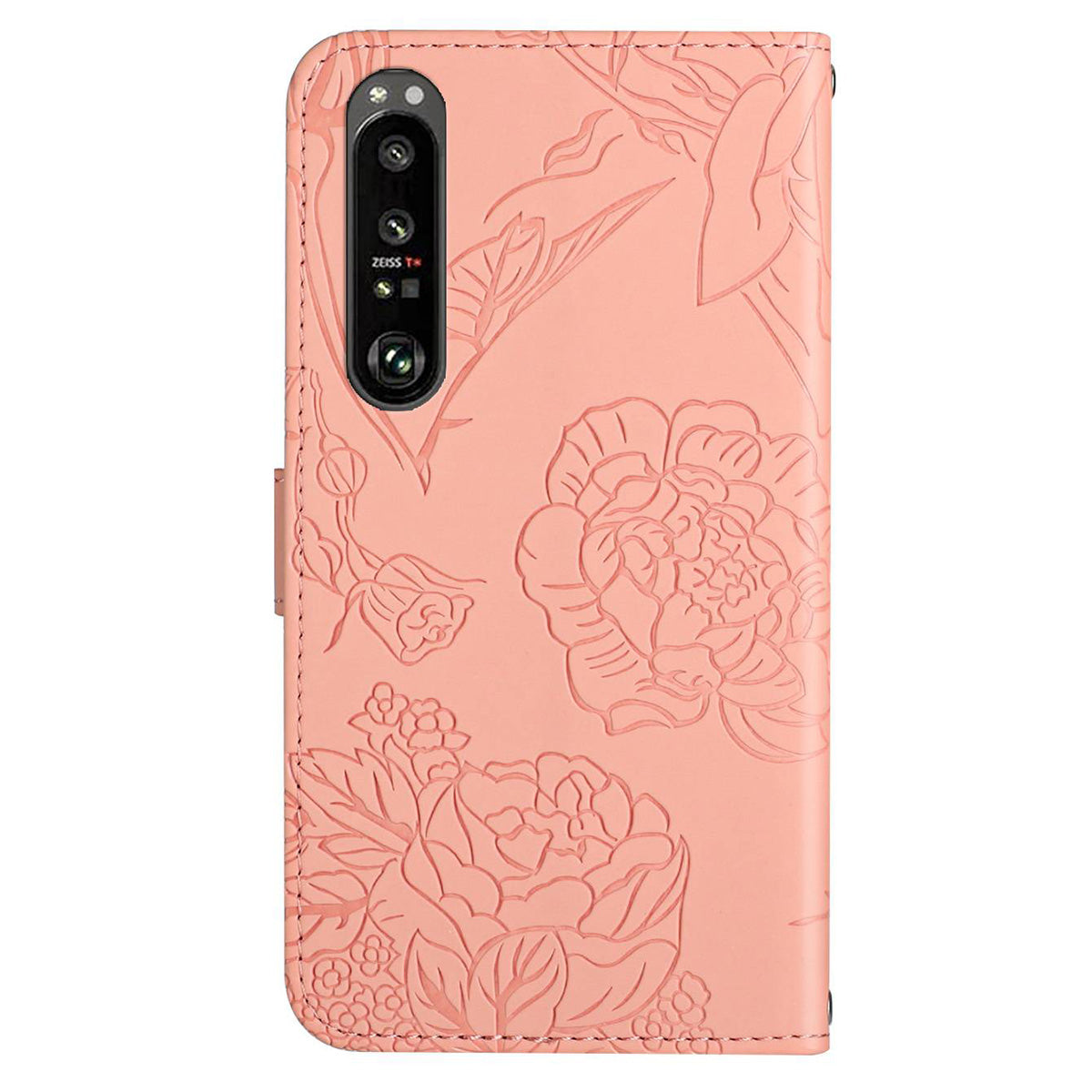 HT03 Phone Case for Sony Xperia 1 V Stand Wallet PU Leather Butterfly Flowers Imprinted Cover with Shoulder Strap