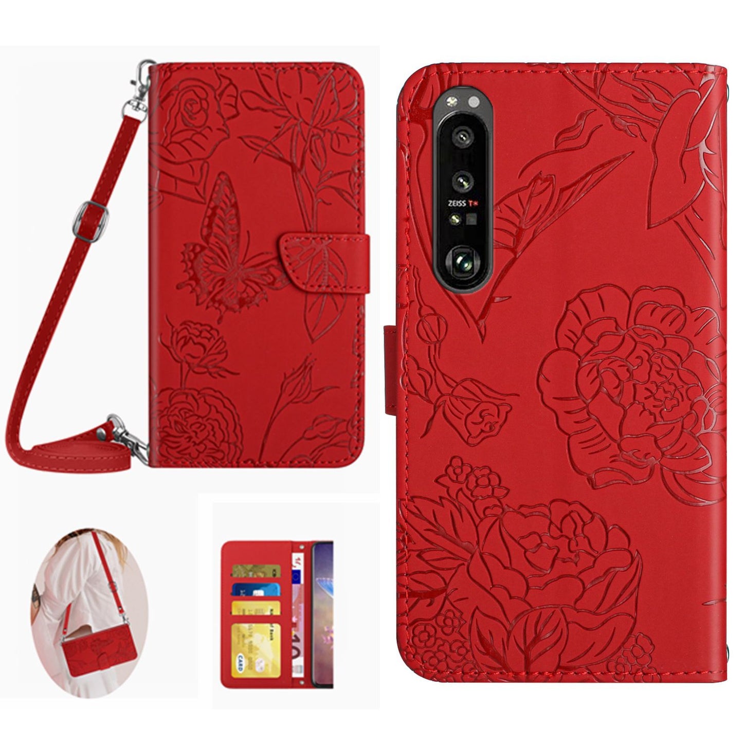 HT03 Phone Case for Sony Xperia 1 V Stand Wallet PU Leather Butterfly Flowers Imprinted Cover with Shoulder Strap