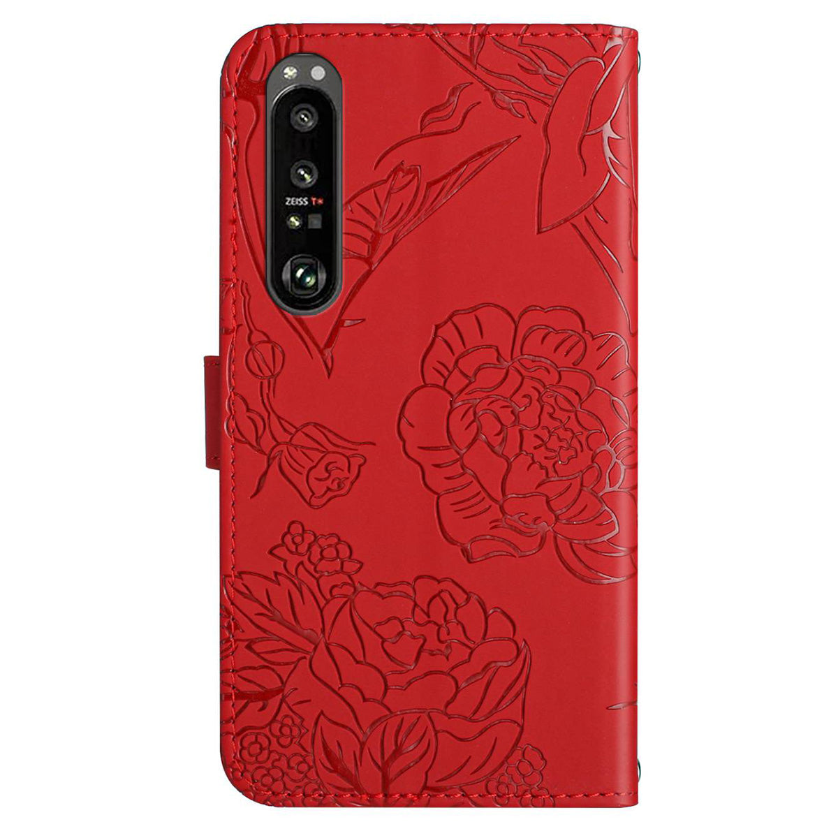 HT03 Phone Case for Sony Xperia 1 V Stand Wallet PU Leather Butterfly Flowers Imprinted Cover with Shoulder Strap